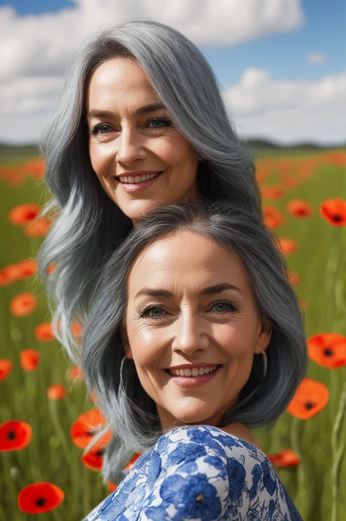 a 60 year old woman, smiling, braided grey hair, loose flowing blue floral print dress, jogging on a poppy field path, transparent stream, sunny atmosphere, beautiful detailed eyes, beautiful detailed lips, extremely detailed eyes and face, longeyelashes, intricate details, natural lighting, vibrant colors, lush environment, serene landscape, (best quality,4k,8k,highres,masterpiece:1.2),ultra-detailed,(realistic,photorealistic,photo-realistic:1.37)