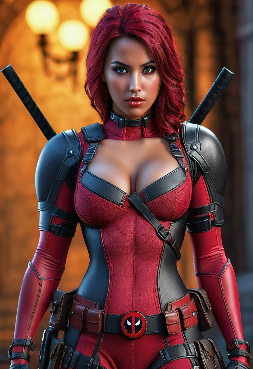 a beautiful female warrior in a deadpool costume, extremely detailed face, beautiful detailed eyes, beautiful detailed lips, unrealistically enormous breasts, unrealistically wide pelvis area, extremely detailed high quality 3D render, cinematic lighting, vivid colors, fantasy, digital art