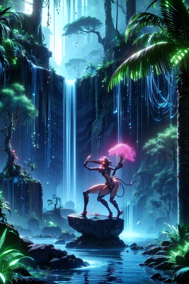 top quality, future world, State-of-the-art robot, Beautiful Woman climbing the tree , flying hair, Transformed into a cyborg except for the face, sexy images, whole body photo, (((jungle, adventure, huge trees, water fall, huge stone)))