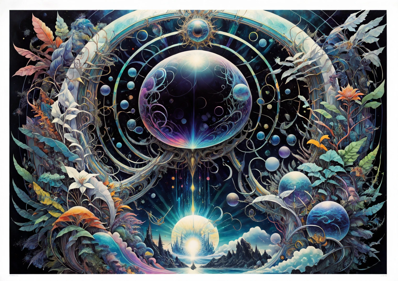 Close-up of a colorful image of the QP symbol in a futuristic style in the form of ((fantastic fresco)) surrounded by ((unearthly fantastic fauna)), (fantastic fauna):1.4, (fresco):1.3, (futurism):1.5, (save the original image):1.5, (color the white background of the image with fantastic colors):1.4 and (add fantastic futuristic ornaments):1.5, ((adapt the image)) under the style (Hans Giger):1.6, (full compliance with the style of Hans Giger):1.7, (Biomechanics):1.7, (fantastic alien biomechanics):1.6