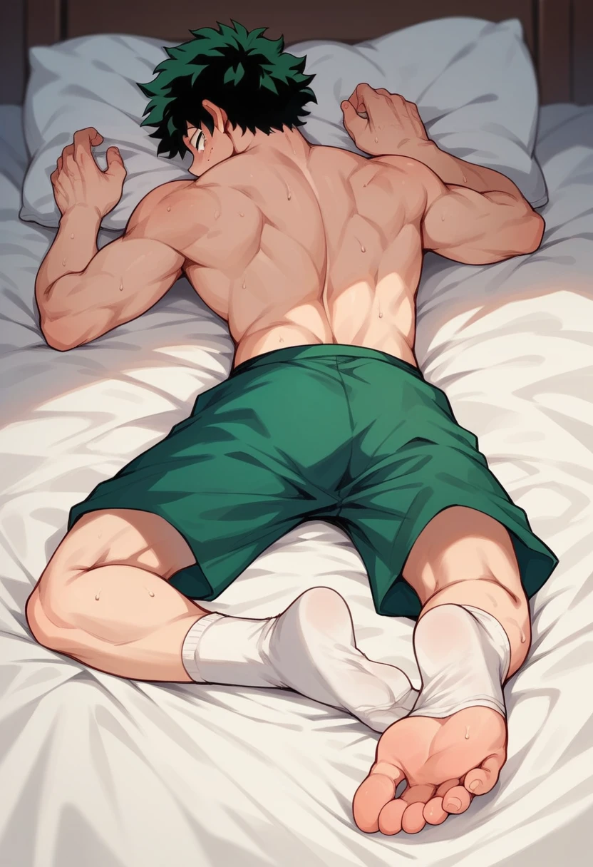 Anime boy Izuku very sweaty white socks laying down on his stomach on the bed showing his feet soles close to the camera
