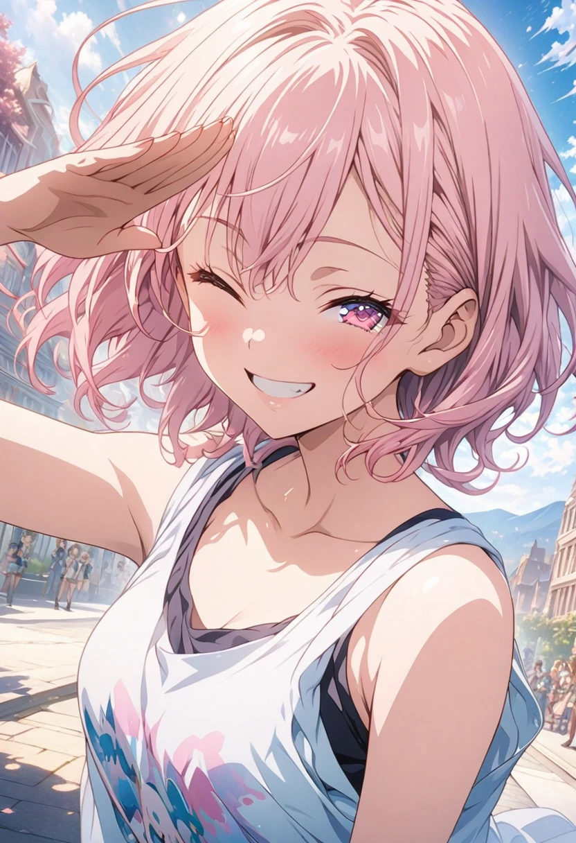 masterpiece, Highest quality, Highly detailed CG Unity 8k wallpaper, High School Girl Anime Illustration. Wear an oversized tank top、Salute、she has her eyes closed and mouth open, smile. The background is a light pastel colored landscape., Pink hair color, Pink eyes