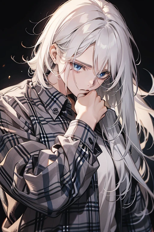 (1 man),close up shot, very long white hair, muscular, flannel shirt, farm background