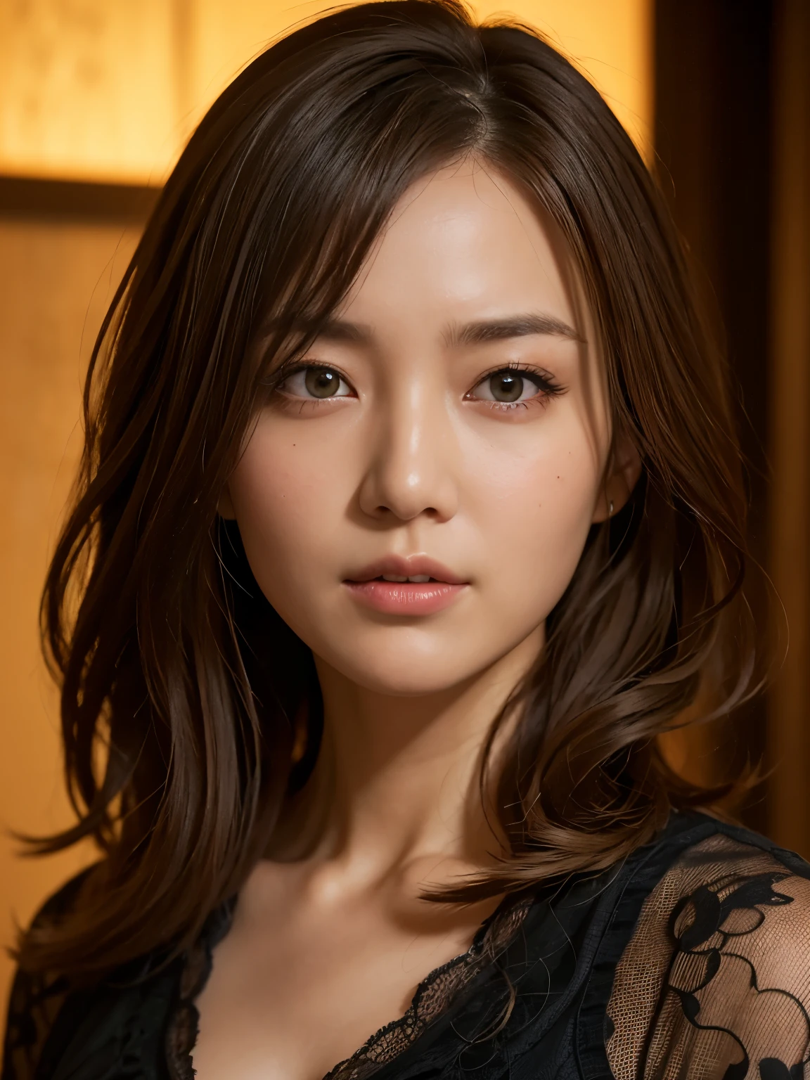 masterpiece,best quality, (one attractive milf), ((portrait:1.5)), long hair, makeup, elegant black shirt, touch own chest, ((seduction expression)),
