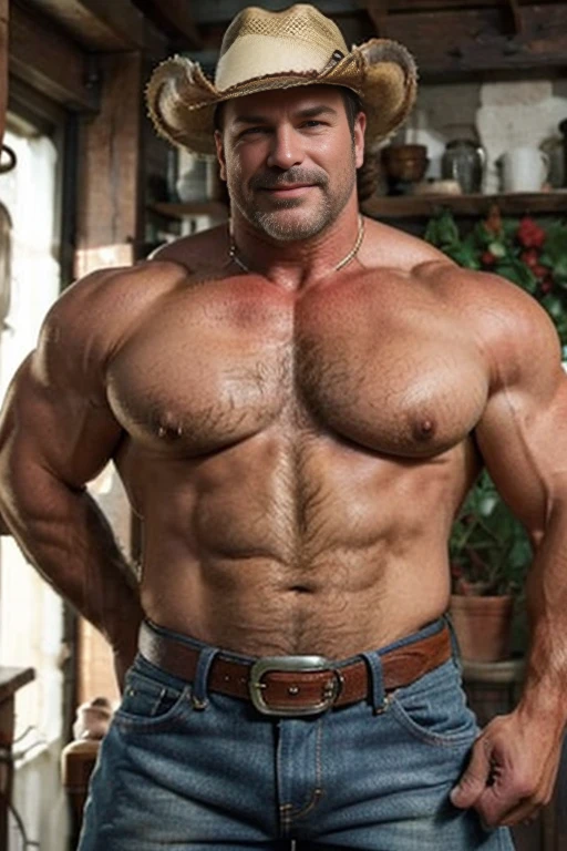 Masterpiece, Best Quality, High resolution, (1 chico:1.4), male focus, 50-year-old cowboy in ranch, jeans and belt, wearing cowboy hat, furry, beefy, chubby, natural lighting, HDR, (GS-Macho :1.5), thick forearms, thick arms, huge thighs, large pecs, big chest, charming smile, erotic look, winking at camera, scruff, hairy, raunchy