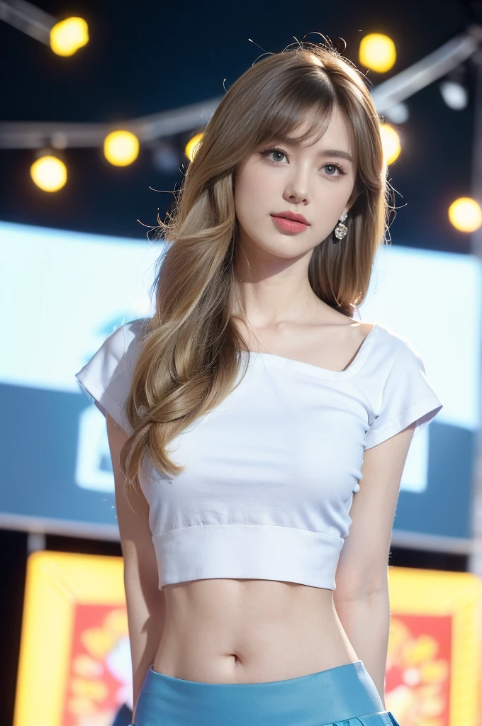 (((best quality))),(((ultra detailed))),(((masterpiece))),illustration,((a beautiful girl,solo)),(shoulder length straight hair:1.2),((slim,thin)),((small breasts,flat chest,claviclis,navel)),(blue short-sleeved white shirt:1.5),(blue mini-skirt:1.3),(slender legs:1.2),(standing:1.3),(on the stage:1.3),((outside a shopping mall, at the entrance of a beer promotional event)),((surrounded by crowded crowds)),((hair and skirt fluttering in the air)),expressive eyes,infectious smile,the stage adorned with colorful decorations,vibrant atmosphere,(night scene:1.3),(from front:1.3),(arms behind back:1.3),(upper body:1.3),