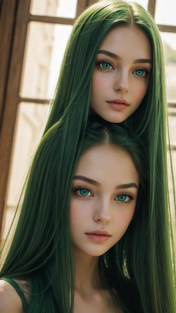 a girl. face sent feeling. Europe. Oval face. long face. delicate facial features. dreamy eyes. seductively seductive. green eyes. long straight hair. green hair