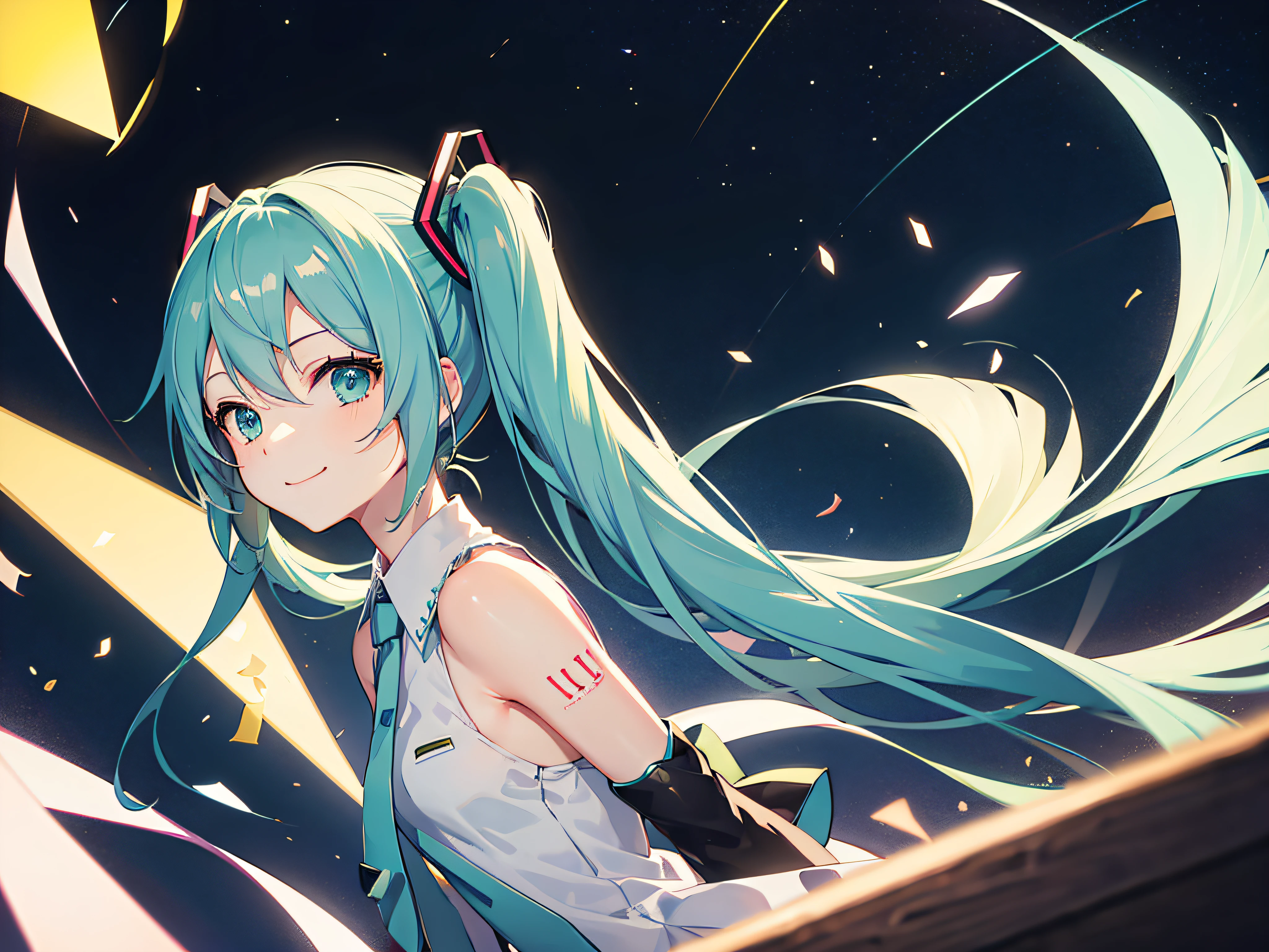 hatsune miku, night, Upper Body, Oblique view, smile