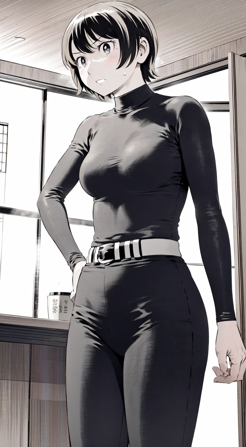 、(masterpiece、Highest quality)、Highest quality, Ultra-high resolution, (((masterpiece))), alone, Sweat、Big eyes,Tight black shirt、Tight white pants、belt、indoor、Composition from the front、(Cut the back hair short、short hair、blonde、woman)、Shortcuts、Embarrassed face、Cut your hair short、可愛いwomanの子、Big Breasts、Inside the room、Full Color、Baseball uniform