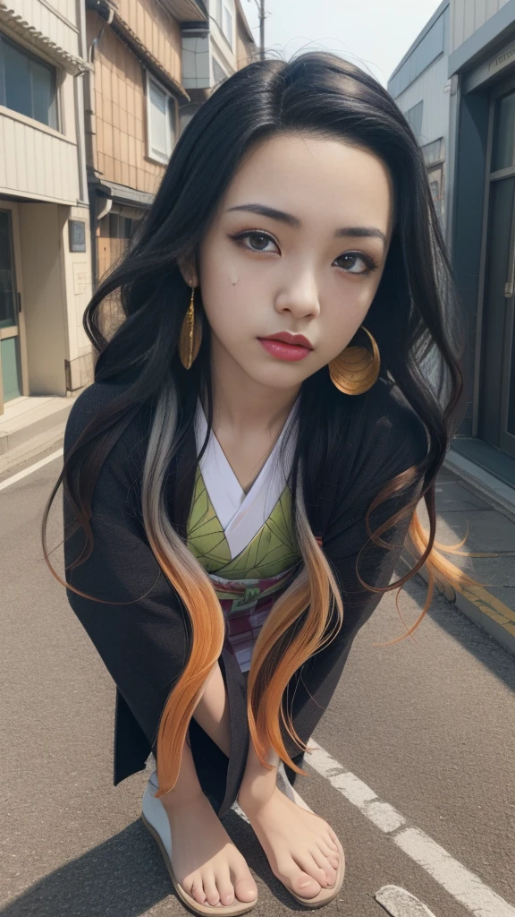 Cute Japanese female, (16 years old), (Very cute face: 1.3), White and moisturized skin,
BREAK,
Fighter, Kung Fu fighter, Idol,
BREAK,
(Wearing cute kimono: 1.3), (Very revealing kimono), Very large earrings, Short length,
BREAK,
(Long hair), (Gray hair), (Wavy hair), (Gradient hair: 1.3), (Red hair at the ends),
BREAK,
(Realistic: 1.3), Masterpiece, Perfect lighting, (Ultra high resolution), (8K), (Very detailed: 1.4), (From the front), Looking at the camera, Melancholic expression, (Full body: 1.3),
BREAK,
(Japanese city streets: 1.2),
BREAK,
(Demon Slayer: 1.4),
BREAK,
(Hellfire: 1.2), Demon,