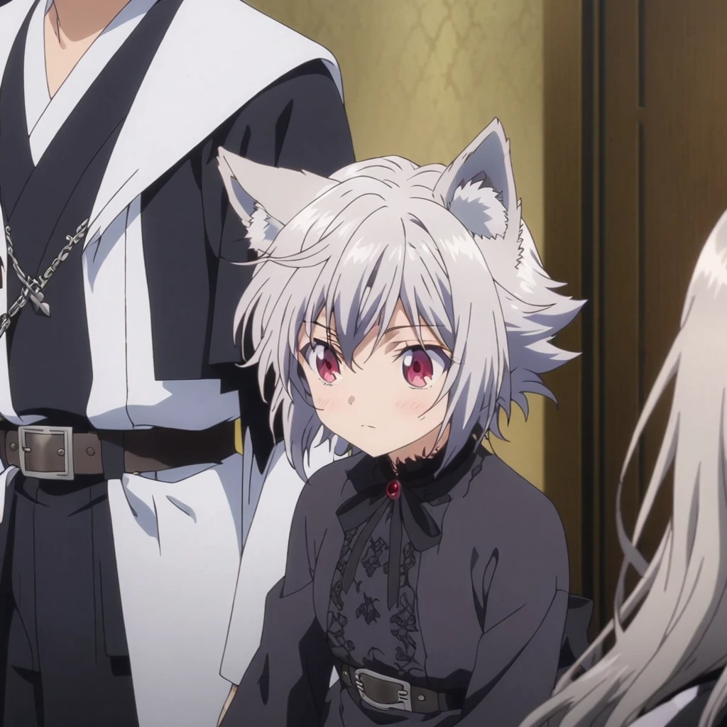 (Silver Hair 1.3),Very Short Hair,Red Eyes,Wolf ears,Wolf Girl Sleepiness mysterious Gothic Black Costume Belt on torso (TV anime image format) (TV anime screenshots)