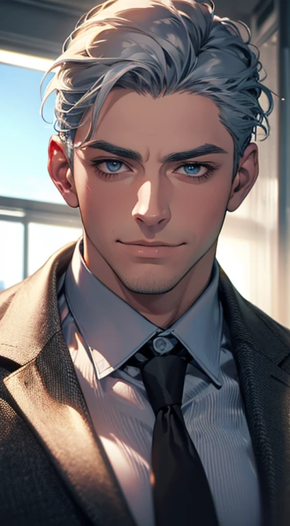 (best quality,4k,8k,highres,masterpiece:1.2),ultra-detailed,(realistic,photorealistic,photo-realistic:1.37),1 man,31 years old,mature man,very handsome,without expression,smile,short grey blue hair,blue eyes,penetrating gaze,perfect face without errors,imposing posture,businessman,office background,cinematic lighting,hdr image