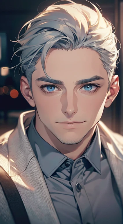 (best quality,4k,8k,highres,masterpiece:1.2),ultra-detailed,(realistic,photorealistic,photo-realistic:1.37),1 man,31 years old,mature man,very handsome,without expression,smile,short grey blue hair,blue eyes,penetrating gaze,perfect face without errors,imposing posture,businessman,office background,cinematic lighting,hdr image