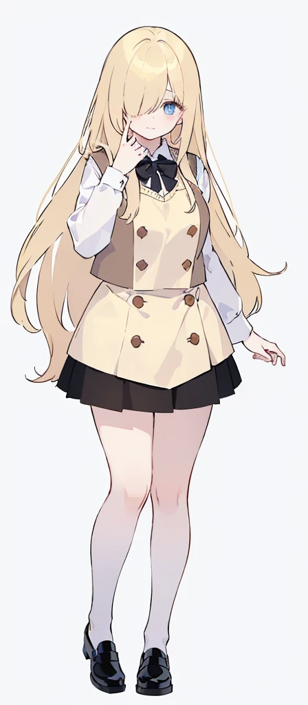 (((Long blonde Beautiful Hair))),blonde hair,kawai,(((Eyes visible from bangs,hair over eyes:1.3))),,Huge breasts,(Blue color eyes),,(blue slanted eyes),1girl in,bangs,long blonde hair, pantyhose,Cowboy Shot,white background,short hair,smiled,(Wearing a white cream colored hodie), (Wearing a Korean style brown vest), ((Wearing a short black skirt that reaches above the thighs)) Bangs should be long to the tip of the chin...(((Free hand pose))), background white room, Perfect arm fingers,,, 1 girl, ((The image must match the tag)) Bangs almost cover the eyes full body (The character's entire body from top to bottom is completely visible) Must wear a cream colored hodie ((must wear a Korean style brown vest)) a female student (Kawai) must wear a short black skirt Must wear a cream colored hodie ((must wear a Korean style brown vest)) a female student (Kawai) must wear a short black skirt Must wear a cream colored hodie ((must wear a Korean style brown vest)) a female student (Kawai) must wear a short black skirt Must wear a cream colored hodie ((must wear a Korean style brown vest)) a female student (Kawai) must wear a short black skirt (Wearing shiny black  shoes)