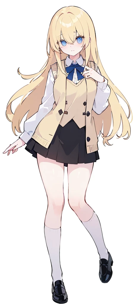(((Long blonde Beautiful Hair))),blonde hair,kawai,(((Eyes visible from bangs,hair over eyes:1.3))),,Huge breasts,(Blue color eyes),,(blue slanted eyes),1girl in,bangs,long blonde hair, pantyhose,Cowboy Shot,white background,short hair,smiled,(Wearing a white cream colored hodie), (Wearing a Korean style brown vest), ((Wearing a short black skirt that reaches above the thighs)) Bangs should be long to the tip of the chin...(((Free hand pose))), background white room, Perfect arm fingers,,, 1 girl, ((The image must match the tag)) Bangs almost cover the eyes full body (The character's entire body from top to bottom is completely visible) Must wear a cream colored hodie ((must wear a Korean style brown vest)) a female student (Kawai) must wear a short black skirt Must wear a cream colored hodie ((must wear a Korean style brown vest)) a female student (Kawai) must wear a short black skirt Must wear a cream colored hodie ((must wear a Korean style brown vest)) a female student (Kawai) must wear a short black skirt Must wear a cream colored hodie ((must wear a Korean style brown vest)) a female student (Kawai) must wear a short black skirt (Wearing shiny black  shoes)