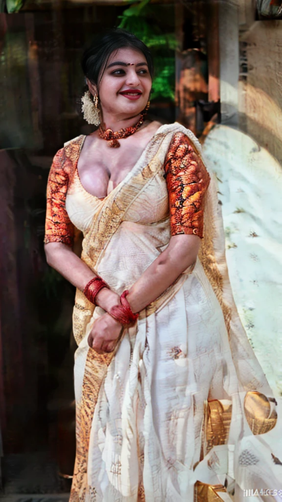 Indian woman masterpiece, best quality, ultra-detailed, (warm hue, warm tone: 1.2), wearing colorful saree big hook blouse, 20 years old, (((big tits1.8))),((Huge breasts 1.6)),(((Plump body 1.8))), (Indian instagram photo, Wearing hook blouse closeup face photo of 23 y.o Chloe in kebaya, Red Lipstick, sensual Lipstick, Sensational Make Up, cleavage, pale skin, (smile:0.4), hard shadows, White G-STRING, bright lighting