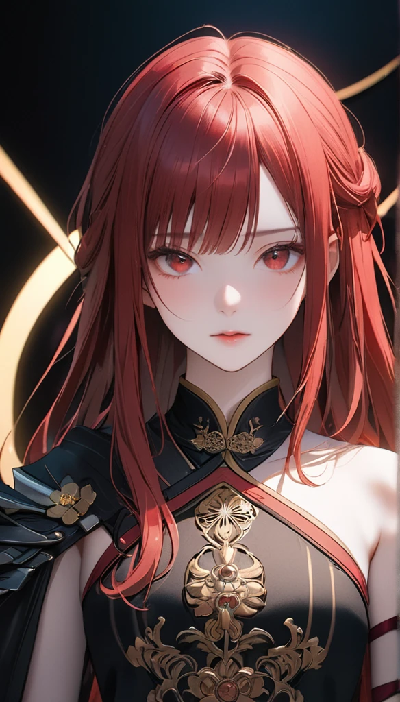 best quality, masterpiece, solo, 1girl, red hair, shirt, red eyes, black beckground, full facesMeticulous, analog style, focus on the eyes, highest quality, (highly detailed skin), photo of very handsome pale skin japanese donghua girl, 21 years old, (warrior), perfect face, pore skin, (penetration:0.5), black background, (bokeh:0.6), sharp focus, grainy lighting, (backlight:0.7), film grain, photographed with Sony A7R IV camera, 18mm F/1.7 cine lens, (highly detailed, intricate detail), 8k, HDR, front view, (full body: 0.9)