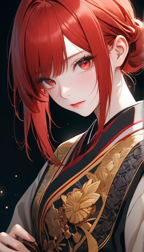 best quality, masterpiece, solo, 1girl, red hair, shirt, red eyes, black beckground, full facesMeticulous, analog style, focus on the eyes, highest quality, (highly detailed skin), photo of very handsome pale skin japanese donghua girl, 21 years old, (warrior), perfect face, pore skin, (penetration:0.5), black background, (bokeh:0.6), sharp focus, grainy lighting, (backlight:0.7), film grain, photographed with Sony A7R IV camera, 18mm F/1.7 cine lens, (highly detailed, intricate detail), 8k, HDR, front view, (full body: 0.9)