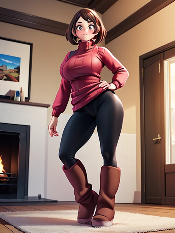 (extremely detailed CG unity 4k wallpaper),(masterpiece),(best quality),(ultra-detailed),(best illustration),(best shadow),(absurdres),(detailed background), 1girl, solo, Imagine Ochaco Uraraka being a 45 year old mother, MILF, brown hair, brown eyes, blush stickers, short hair, Mature Face, brown hair, brown eyes, blush stickers, short hair, curvy female, thick thighs, voluptuous female,((Wearing: red turtle-neck sweater, black leggings and ugg boots)), indoors, detailed background, living room, wide shot, (Standing:1.2)
