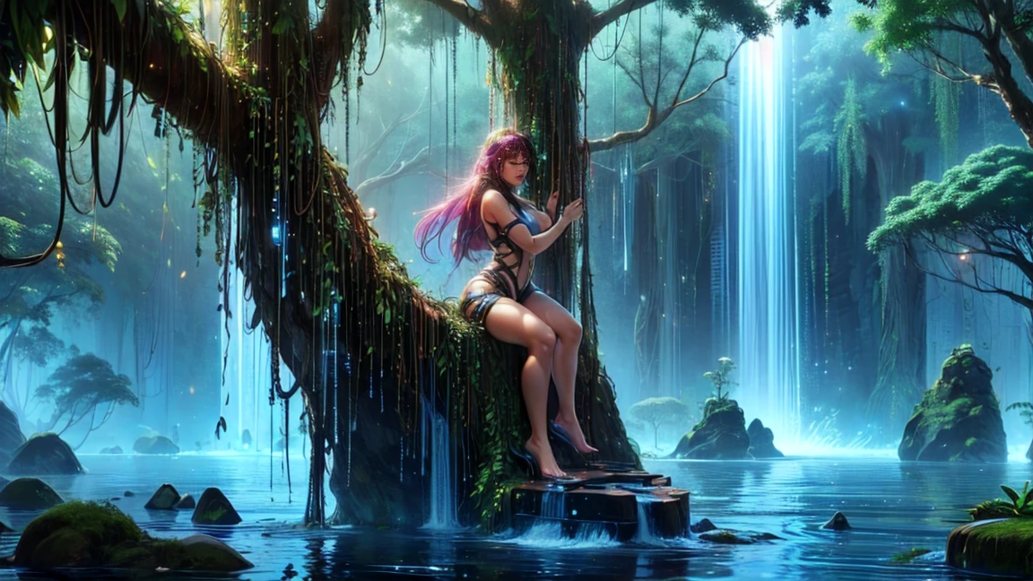 Young tantric priestess woman with tattoos on her body bathing in a photorealistic river --auto