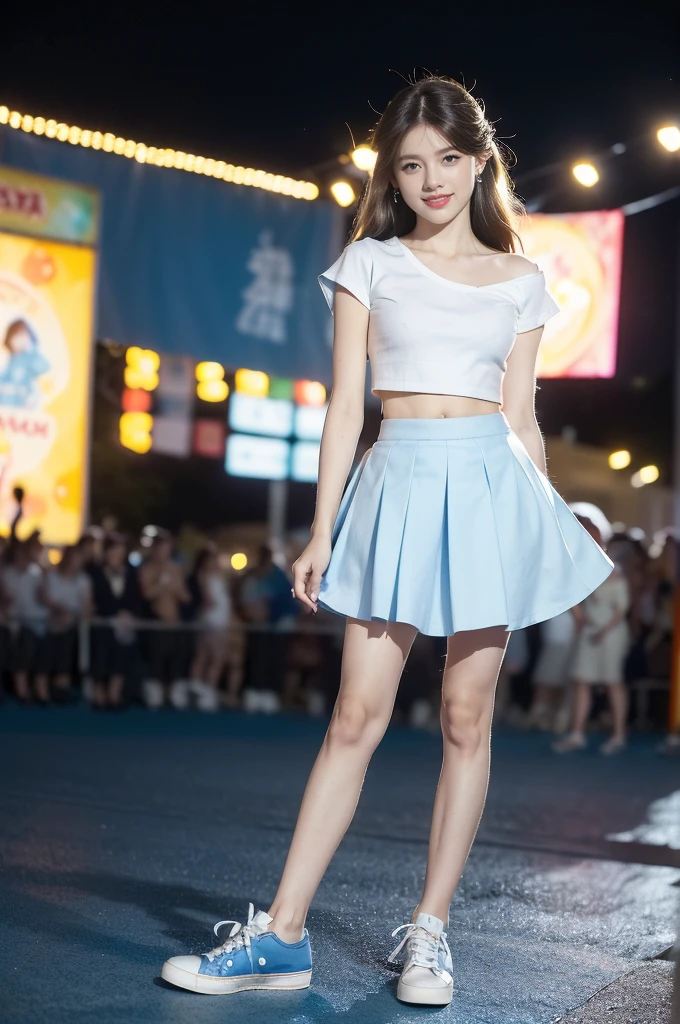 (((best quality))),(((ultra detailed))),(((masterpiece))),illustration,((a beautiful girl,solo)),(shoulder length straight hair:1.2),((slim,thin)),((small breasts,flat chest,claviclis,navel)),(blue short-sleeved white shirt:1.5),(blue mini-skirt:1.3),(slender legs:1.2),(sneakers:1.3),(standing:1.3),(on the stage:1.3),((outside a shopping mall, at the entrance of a beer promotional event)),((surrounded by crowded crowds)),((hair and skirt fluttering in the air)),expressive eyes,infectious smile,the stage adorned with colorful decorations,vibrant atmosphere,(night scene:1.3),(from front:1.3),(arms behind back:1.3),(full body:1.3),