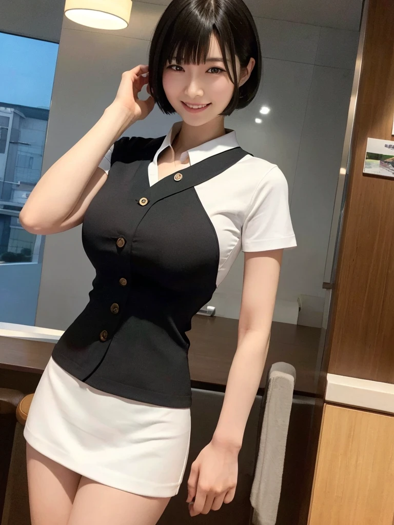 Highest quality、masterpiece、8k、Very detailed、Realistic、(One person:1.2)、Looking at me with a smile、whole body、Black Hair、Short Hair、Small face、Slender、(Very large breasts:1.2)、Thin and beautiful legs、narrow and constricted waist,、(Family Restaurant Uniforms:1.2)、A tight-fitting white shirt with buttons and a collar、A short, black, high-waisted skirt、(Nobody background)