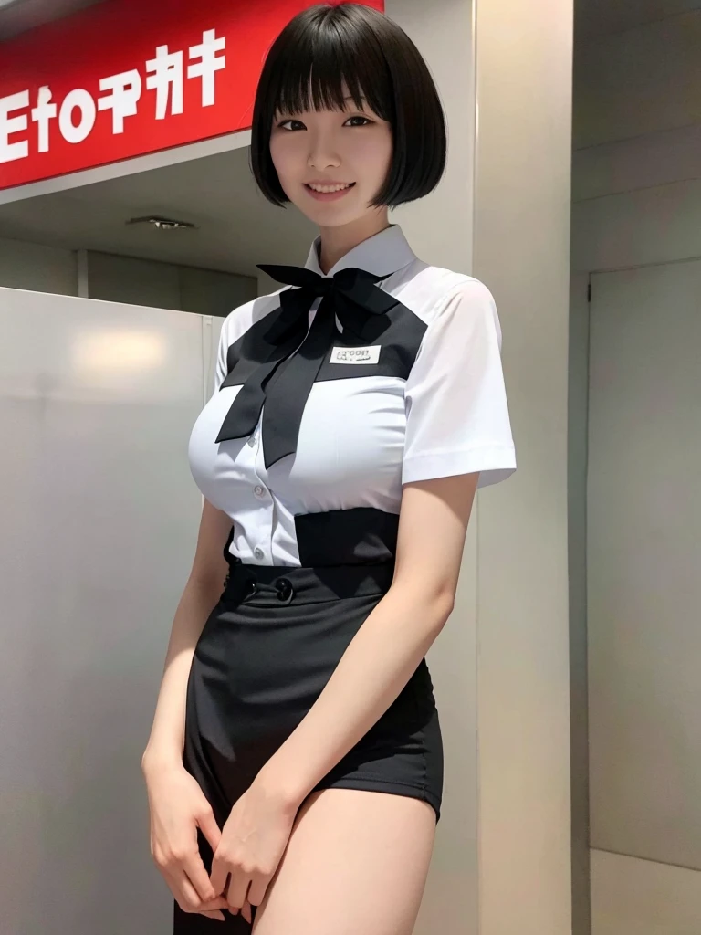 Highest quality、masterpiece、8k、Very detailed、Realistic、Looking at me with a smile、whole body、Black Hair、Short Hair、Small face、Slender、Big Breasts、Thin and beautiful legs、narrow and constricted waist,、(Family Restaurant Uniforms:1.2)