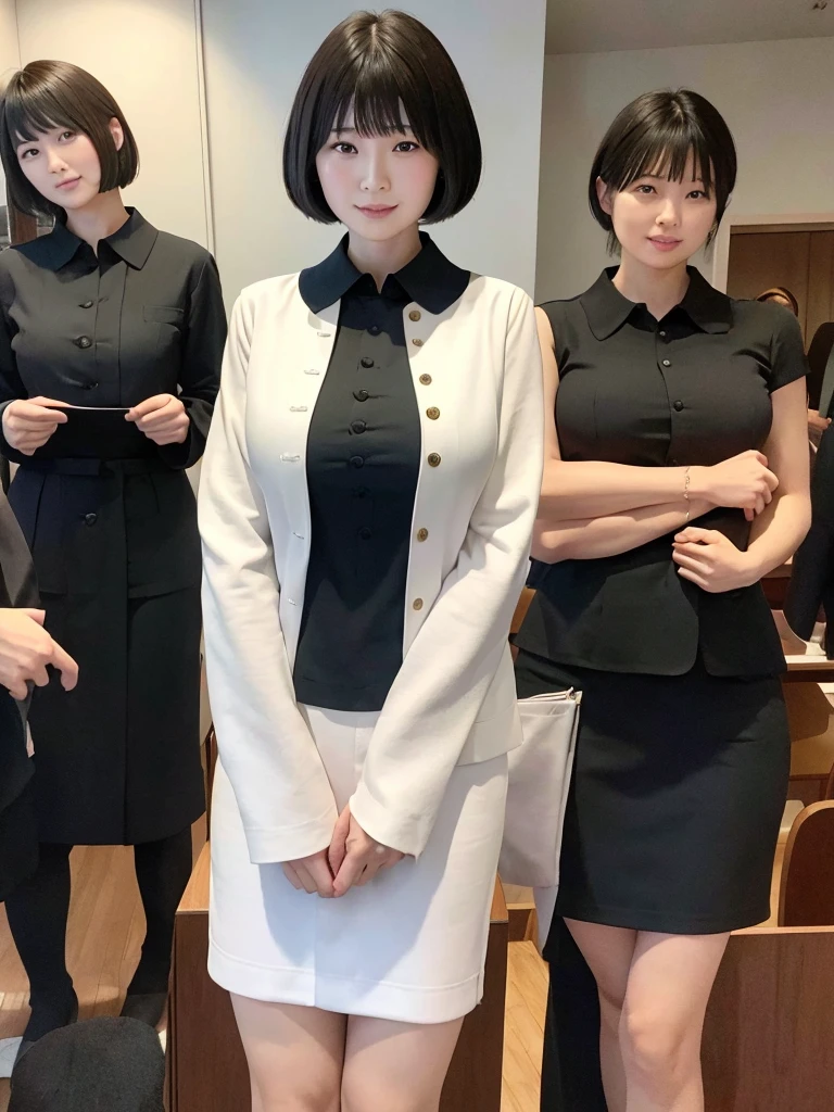 Highest quality、masterpiece、8k、Very detailed、Realistic、(One person:1.2)、Looking at me with a smile、whole body、Black Hair、Short Hair、Small face、Slender、(Very large breasts:1.2)、Thin and beautiful legs、narrow and constricted waist,、(Family Restaurant Uniforms:1.2)、A tight-fitting white shirt with buttons and a collar、A short, black, high-waisted skirt、(Nobody background)