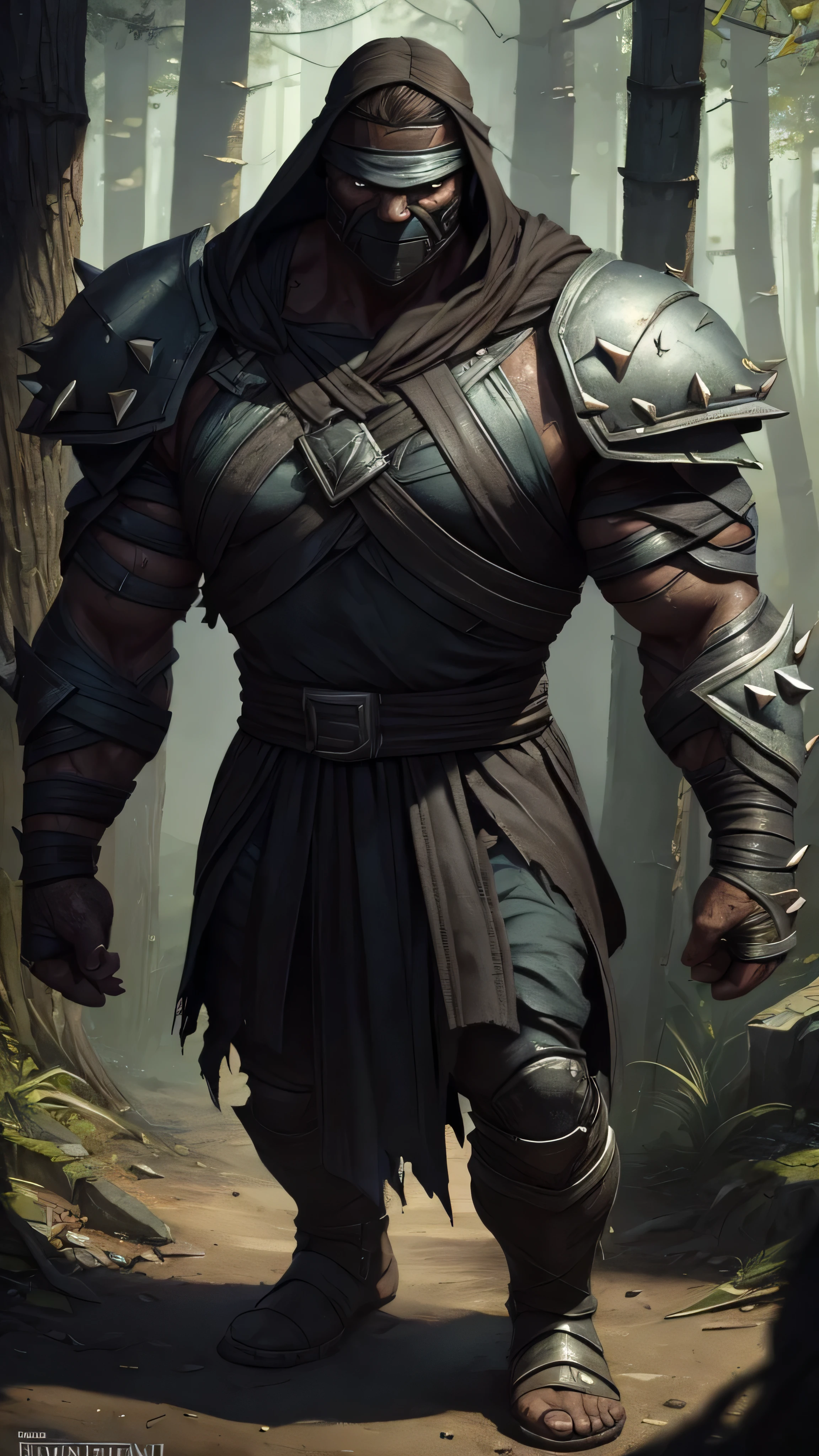 Torr from Mortal Kombat, muscled, ((torn bag on head)), eyes, armor, spikes, guantlets, armored boots, barefoot, metal headband, standing, forest, (insanely detailed, beautiful detailed face, masterpiece, best quality), cinematic lighting, 1man, solo, full body view, front view, looking at viewer, intricate, high detail, sharp focus, dramatic, photorealistic painting art by greg rutkowski