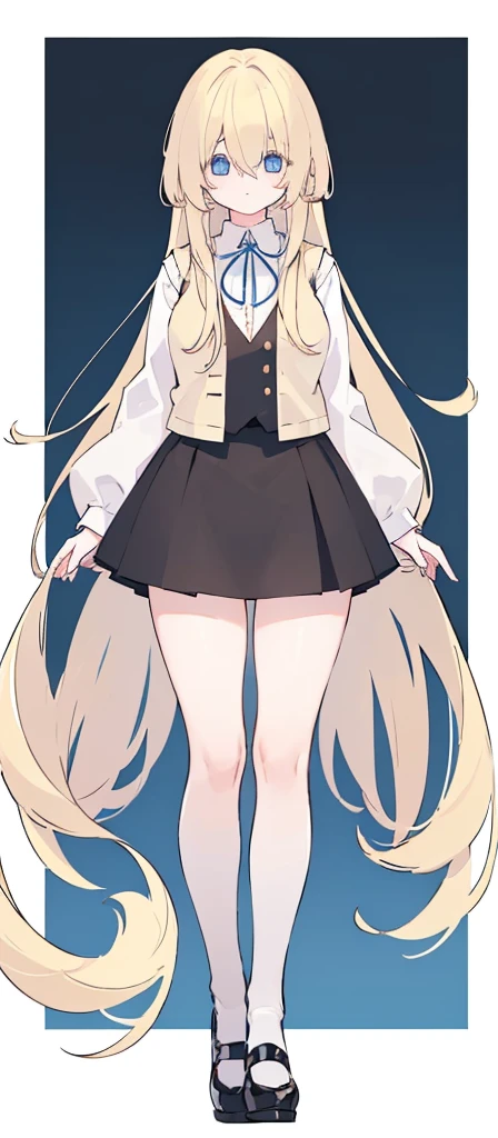 (((Long blonde Beautiful Hair))),blonde hair,kawai,(((Eyes visible from bangs,hair over eyes:1.3))),,Huge breasts,(Blue color eyes),,(blue slanted eyes),1girl in,bangs,long blonde hair, pantyhose,Cowboy Shot,white background,short hair,smiled,(Wearing a white cream colored hodie), (Wearing a Korean style brown vest), ((Wearing a short black skirt that reaches above the thighs)) Bangs should be long to the tip of the chin...(((Free hand pose))), background white room, Perfect arm fingers,,, 1 girl, ((The image must match the tag)) Bangs almost cover the eyes full body (The character's entire body from top to bottom is completely visible) Must wear a cream colored hodie ((must wear a Korean style brown vest)) a female student (Kawai) must wear a short black skirt Must wear a cream colored hodie ((must wear a Korean style brown vest)) a female student (Kawai) must wear a short black skirt Must wear a cream colored hodie ((must wear a Korean style brown vest)) a female student (Kawai) must wear a short black skirt Must wear a cream colored hodie ((must wear a Korean style brown vest)) a female student (Kawai) must wear a short black skirt (Wearing shiny black shoes) (Ves short)