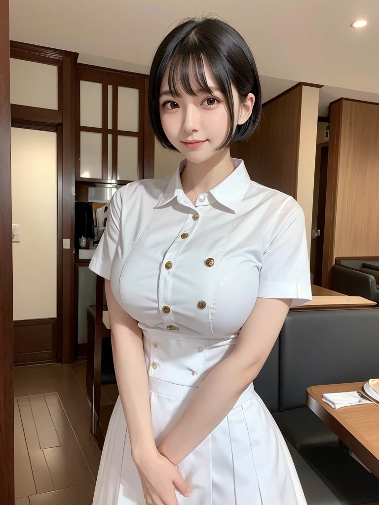 highest quality,8K,masterpiece,high resolution,The background is a cafe,Cafe attendant costume,Larger breasts、Bob cut hair,Full Body Shot