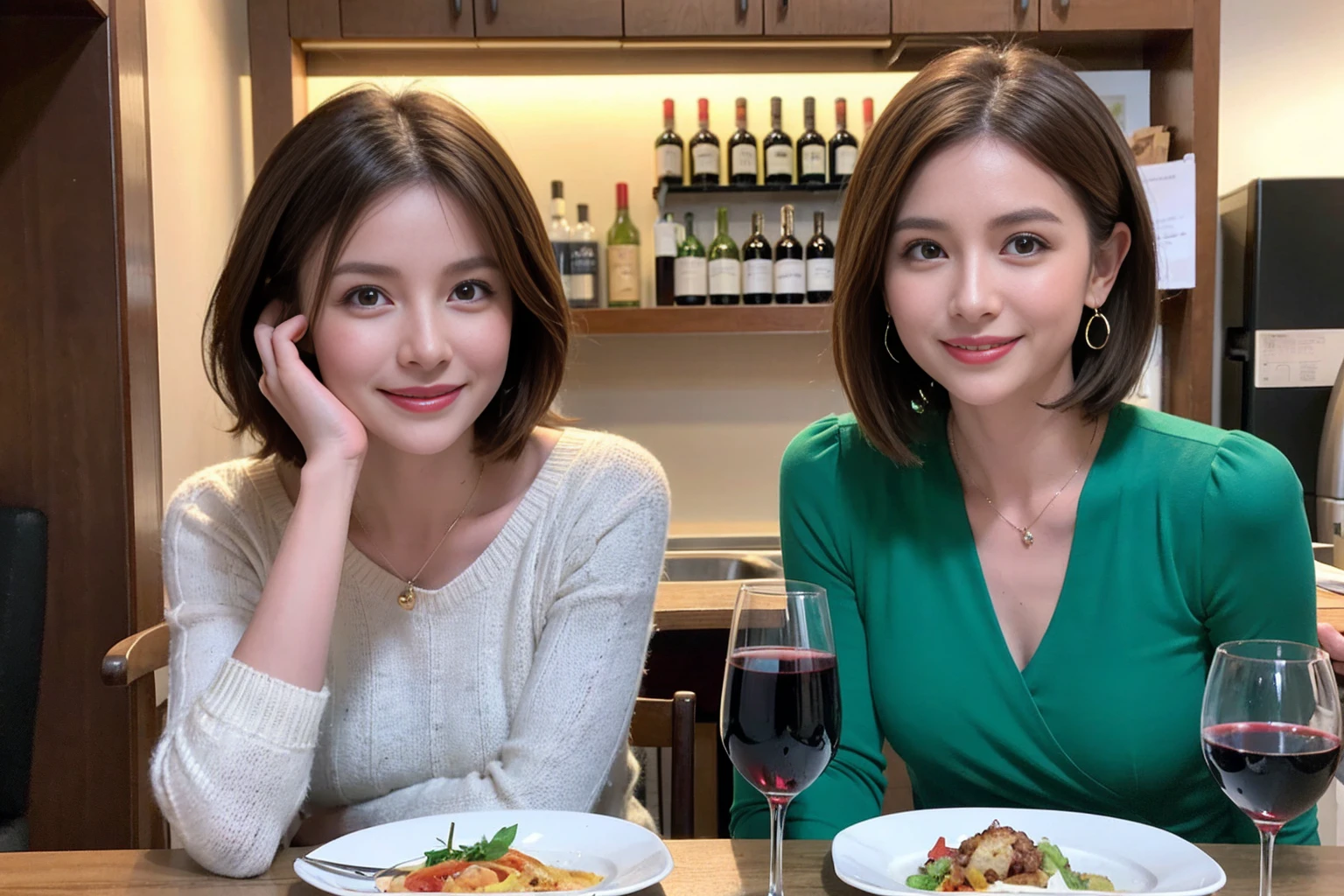 （Realistic:1.1）,(masterpiece,Highest quality)，8k,(40 years old), 42 years old, slimカップル、Model Couple、actress/actor、Tight waist,Upper Body,full-course dinner、wine 、Amazing view of the sunset sky and clouds、Perfect Anatomy, Brown Hair, short hair,Random Hairstyles,((Highly detailed face and eyes:1.2))(cute顔:1.4)，美しいactressの顔，Perfect golden ratio face，Long sleeve shirt、dress,(smile:1.2)、Shortcuts、cute、(Realistic, Intricate details:1.2), A bright smile、short hair,Bright Face、赤wine 、Appetizers、Italian food、wine bottle、Champagne、スパークリングwine、(slimな顔), (The body is slim), (Brown Hair), (Shortcuts),  Upper Body, 白wine, slim, wineグラス, 