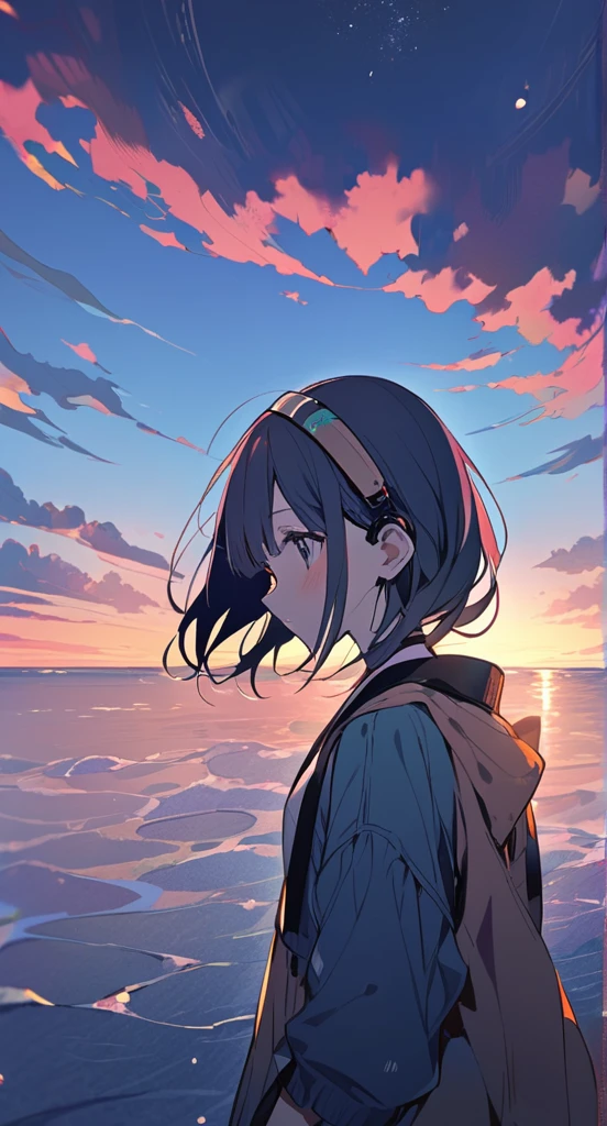 At dusk、Cute girl wearing headphones、Gazing at the sea。Madhouse-like colors、A touch like Makoto Shinkai