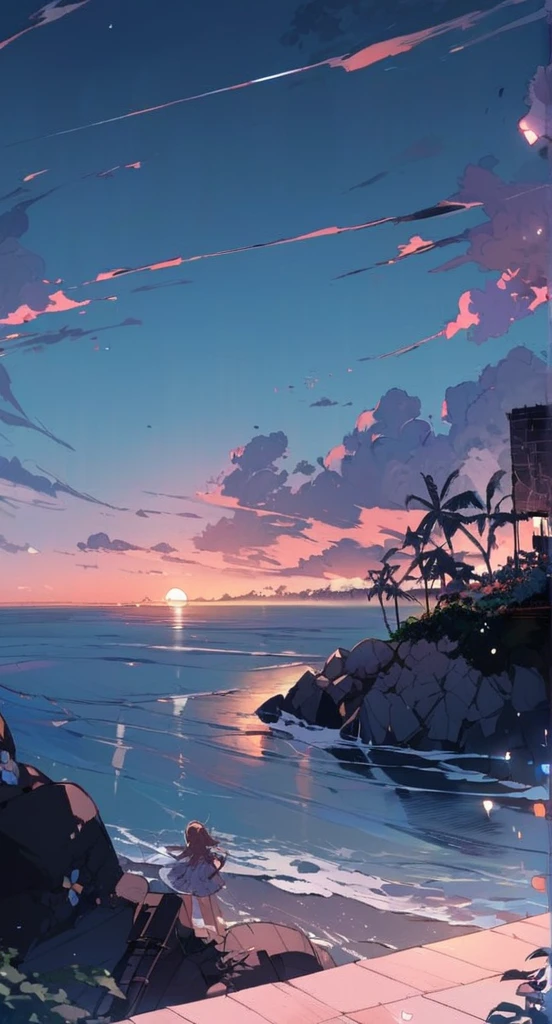 At dusk、Cute girl wearing headphones、Gazing at the sea。Madhouse-like colors、A touch like Makoto Shinkai