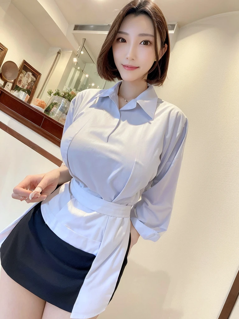 Highest quality、masterpiece、8k、Very detailed、Realistic、(One person:1.2)、Looking at me with a smile、whole body、Black Hair、Short Hair、Small face、Slender、(Very large breasts:1.2)、Thin and beautiful legs、narrow and constricted waist,、(Family Restaurant Uniforms:1.2)、A tight-fitting white shirt with buttons and a collar、A short, black, high-waisted skirt、(Nobody background)