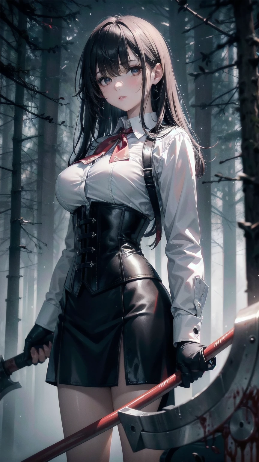 ((blood droplets)), ((blood)), ((blood splatter)), ((blood on clothes)) ((blood stain)), masterpiece, Superior image quality, High resolution, 4k image,photo and gross, photorealistic, whole body, distant view, 1 young man of 15 years, {{{vagina}}}, big breasts, beautiful face, long black hair, black eyes, very detailed eyes, pink cheeks, serious expression, choker:1.6, (white collar button down long sleeve shirt), black gloves, gloves that cover hands, (holding an ax in the right hand), (black leather corset), (shiny black miniskirt), Sensual Lips, show details in the eyes, View from the front, looking at the viewer, gloomy forest, at night, atmosphere, fog