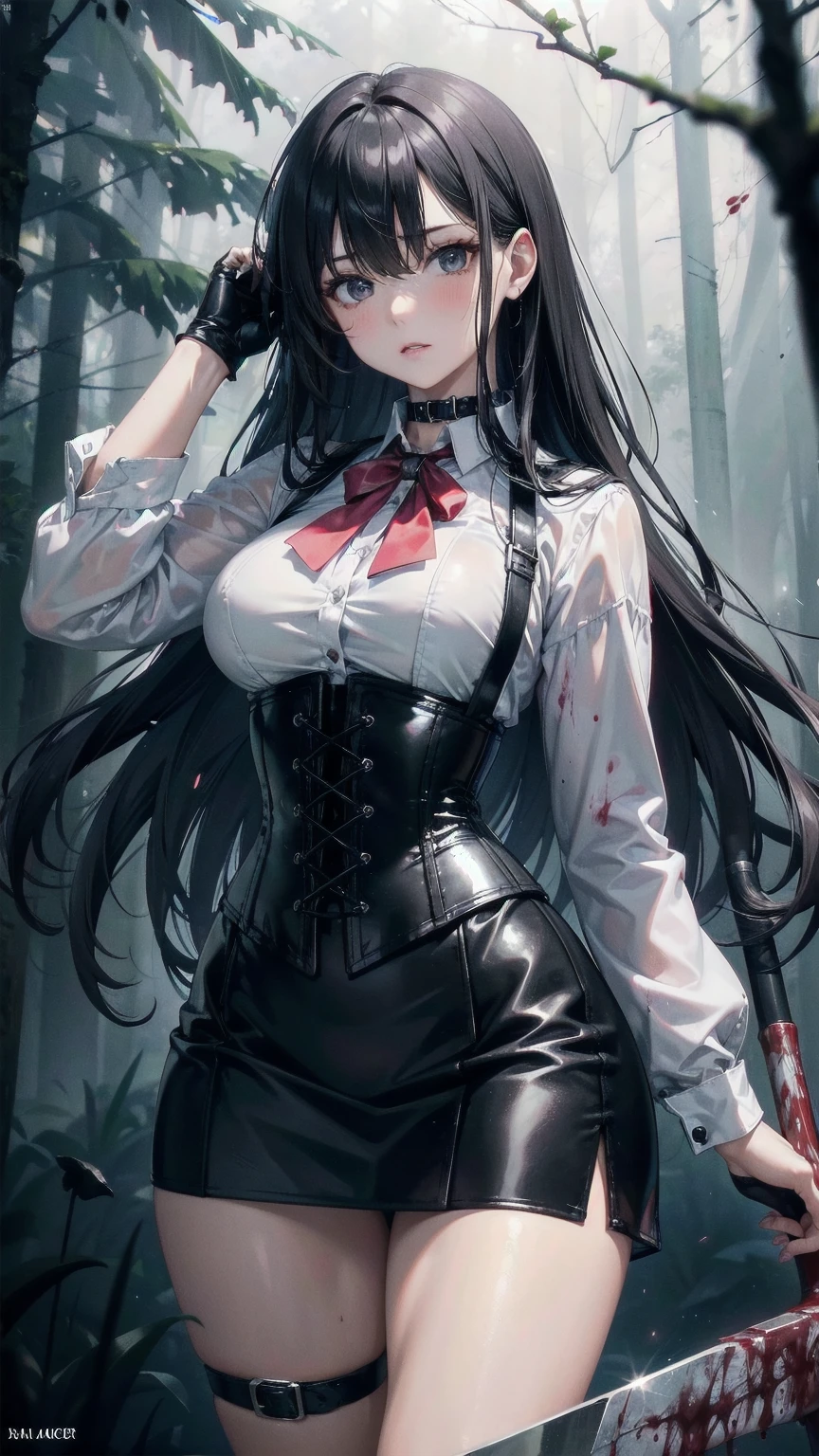 ((blood droplets)), ((blood)), ((blood splatter)), ((blood on clothes)) ((blood stain)), masterpiece, Superior image quality, High resolution, 4k image,photo and gross, photorealistic, whole body, distant view, ung man of 15 years, {{{vagina}}}, big breasts, beautiful face, long black hair, black eyes, very detailed eyes, pink cheeks, serious expression, choker:1.6, (white collar button down long sleeve shirt), black gloves, gloves that cover hands, (holding an ax in the right hand), (black leather corset), (shiny black miniskirt), Sensual Lips, show details in the eyes, View from the front, looking at the viewer, gloomy forest, at night, atmosphere, fog