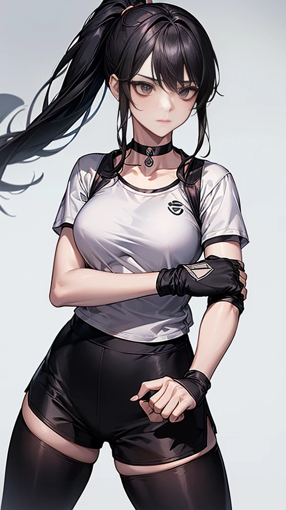 ((Highest quality)), ((masterpiece)), (detailed) {{{Slender female martial arts instructor}}} Shorts {{Décolletage}} {{White short-sleeved T-shirt with long length}} Mature Woman ((Combat Stance)) Long fingerless gloves Black tights {{Inside the dojo}} Black Hair Long-haired ponytail ((Leggings with integrated shorts)) clavicle choker