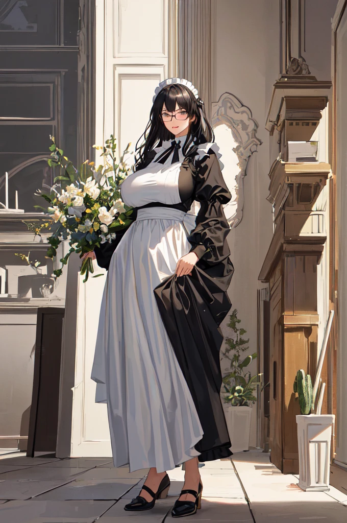 {{masterpiece}},high quality, 4K, 2D, 1 girl,{simple gray background},(attractive mature lady:1.6),milf,standing,sagging breasts,(gigantic breasts:1.5),maid,front face,{{tareme}},attractive mature lady,black hair, {from right in front of face and body},View viewers from front,{front facing shot},Wear glasses,(serious:0.1)