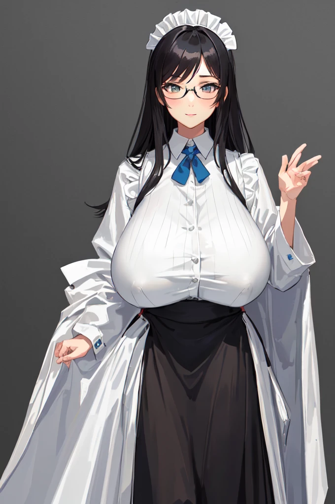 {{masterpiece}},high quality, 4K, 2D, 1 girl,{simple gray background},(attractive mature lady:1.6),milf,standing,sagging breasts,(gigantic breasts:1.5),maid,front face,{{tareme}},attractive mature lady,black hair, {from right in front of face and body},View viewers from front,{front facing shot},Wear glasses,(serious:0.1)