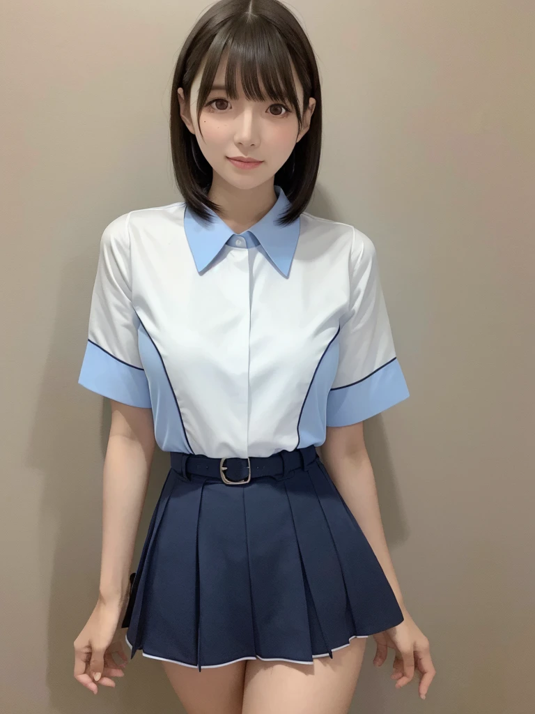 Highest quality、masterpiece、8k、Very detailed、Realistic、(One person:1.2)、Looking at me with a smile、whole body、Black Hair、Short Hair、Small face、Slender、(Very large breasts:1.2)、Thin and beautiful legs、narrow and constricted waist,、(Family Restaurant Uniforms:1.2)、A tight-fitting white shirt with buttons and a collar、A short, black, high-waisted skirt、(Nobody background)