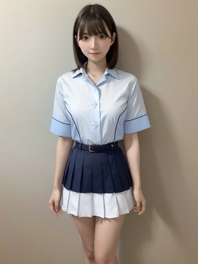 Highest quality、masterpiece、8k、Very detailed、Realistic、(One person:1.2)、Looking at me with a smile、whole body、Black Hair、Short Hair、Small face、Slender、(Very large breasts:1.2)、Thin and beautiful legs、narrow and constricted waist,、(Family Restaurant Uniforms:1.2)、A tight-fitting white shirt with buttons and a collar、A short, black, high-waisted skirt、(Nobody background)