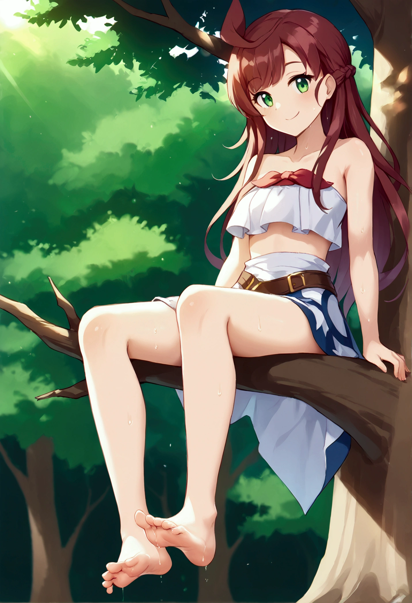 Masterpiece, Best Quality, high resolution, vegetation and trees in the background, A girl, alone, long hair, funny look, sitting at the top of a tree on a branch, smiling, bare shoulders, bare legs stretched and apart, barefoot, soles of feet hanging , head on, sweaty feet, (view from the ground up)