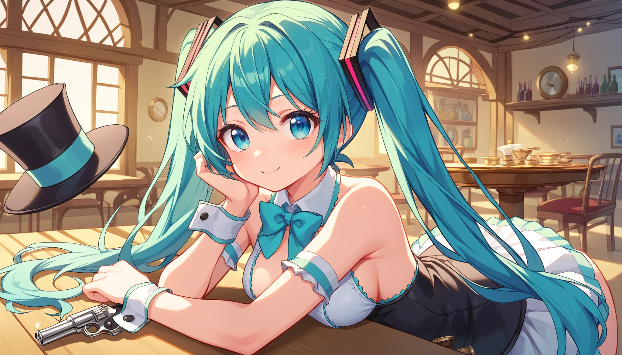 ((1girls:1.3)), ((moe style:1.3)), ((posing:1.3)), ((saloon:1.3)), ((monocle:1.3)), ((top hat:1.3)),((revolver:1.3)), hatsune miku, thinking, ((perfect face)), ((extremely cute:1.3)), ((masterpiece:1.3)), ((8k)), ((best quality:1.3)), ((beautiful)), ((extremely detailed:1.3)) , ((absurdres)), AddXL, ((score_9:1.3)), ((score_8_up:1.3)), ((score_7_up:1.3)), Expressiveh 