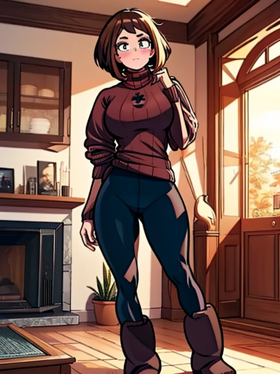 (extremely detailed CG unity 4k wallpaper),(masterpiece),(best quality),(ultra-detailed),(best illustration),(best shadow),(absurdres),(detailed background), 1girl, solo, Imagine Ochaco Uraraka being a 45 year old mother, MILF, brown hair, brown eyes, blush stickers, short hair, Mature Face, brown hair, brown eyes, blush stickers, short hair, medium breasts, curvy female, thick thighs, voluptuous female,((Wearing: red turtle-neck sweater, black leggings and ugg boots)), indoors, detailed background, living room, wide shot, (Standing:1.2)
