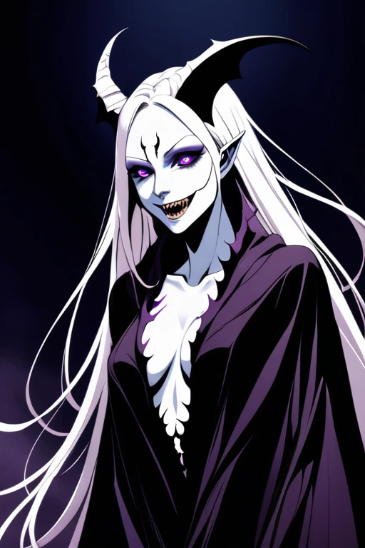1woman, solo, succubus, , long, writhing hair, ghostly white skin, deep hollow violet eyes, wide, grotesque grin, jagged teeth, tattered, flowing dark robe, emaciated frame with visible pulsating veins, unsettling aura, simple background