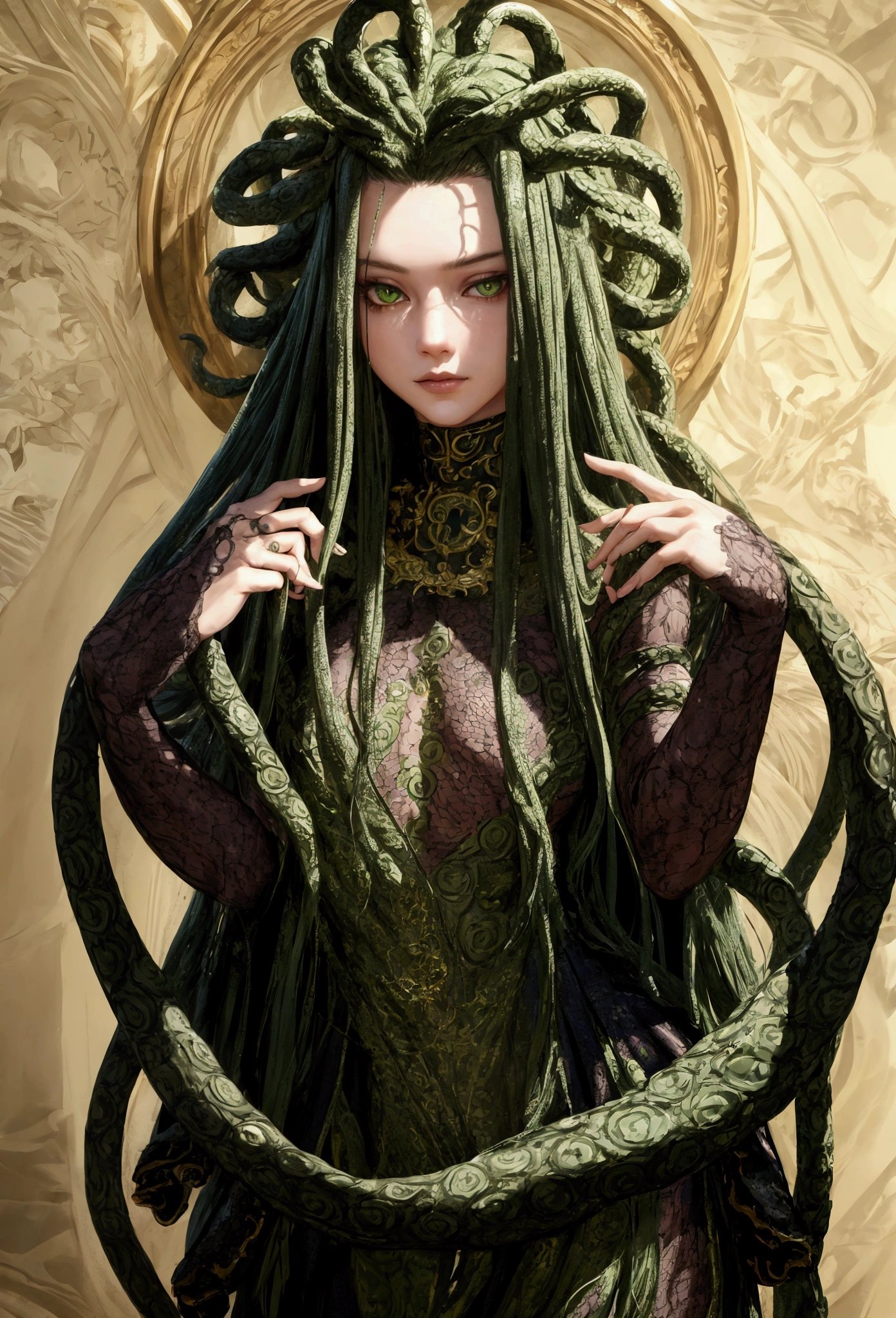 ((best quality)), ((masterpiece)), ((realistic)), Medusa, full body, the hair is composed of countless small snakes, green eyes, female face, metal carved top, royal aura, trend on artstation , sharp focus, studio photo, intricate detail, very detailed, detailed eye, illustration, very detailed, sharp focus, digital render, professional, 4k