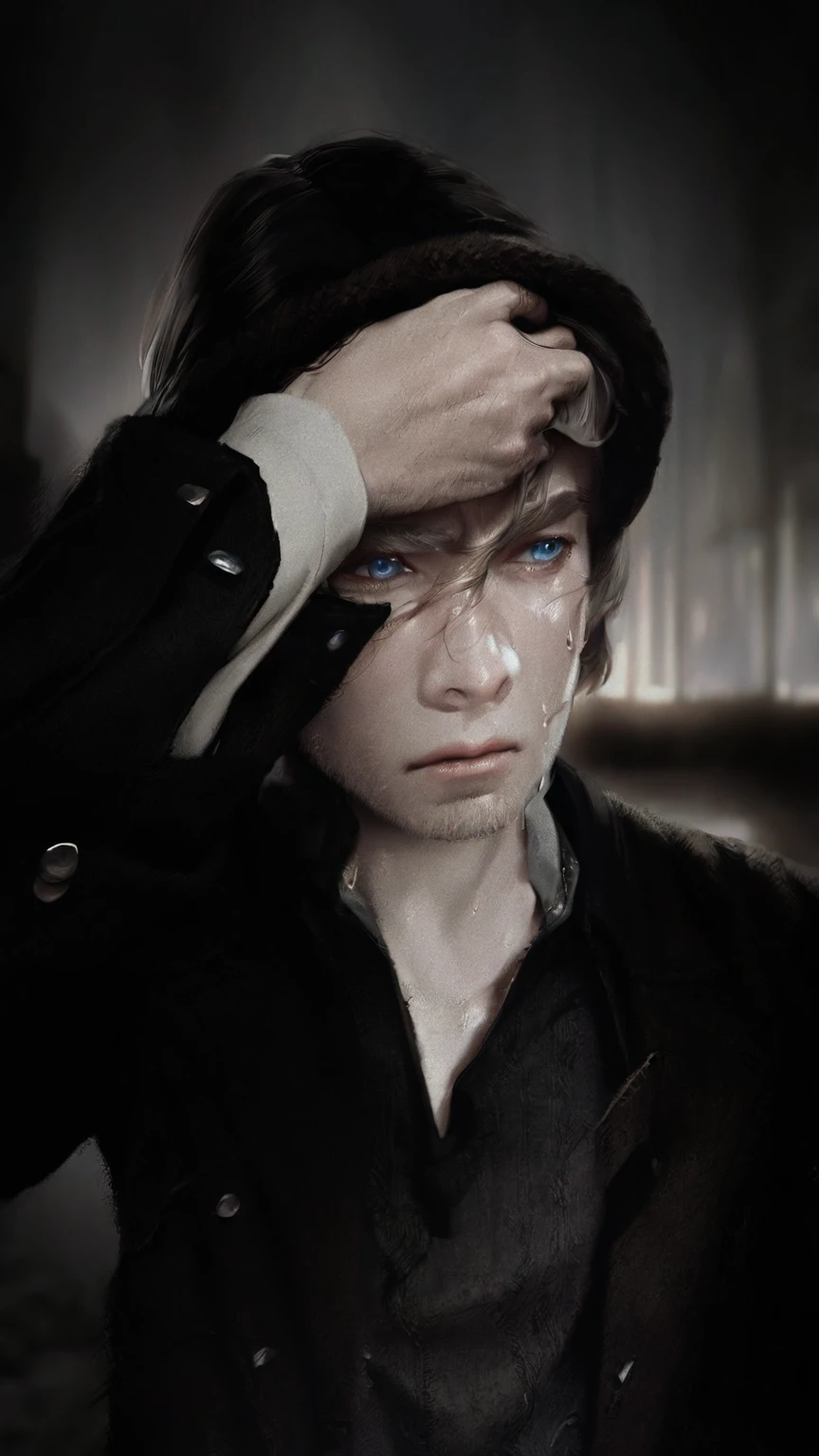 1boy anime, sad anime, blue eyes, white hair, handsome, cool, hd , realistic