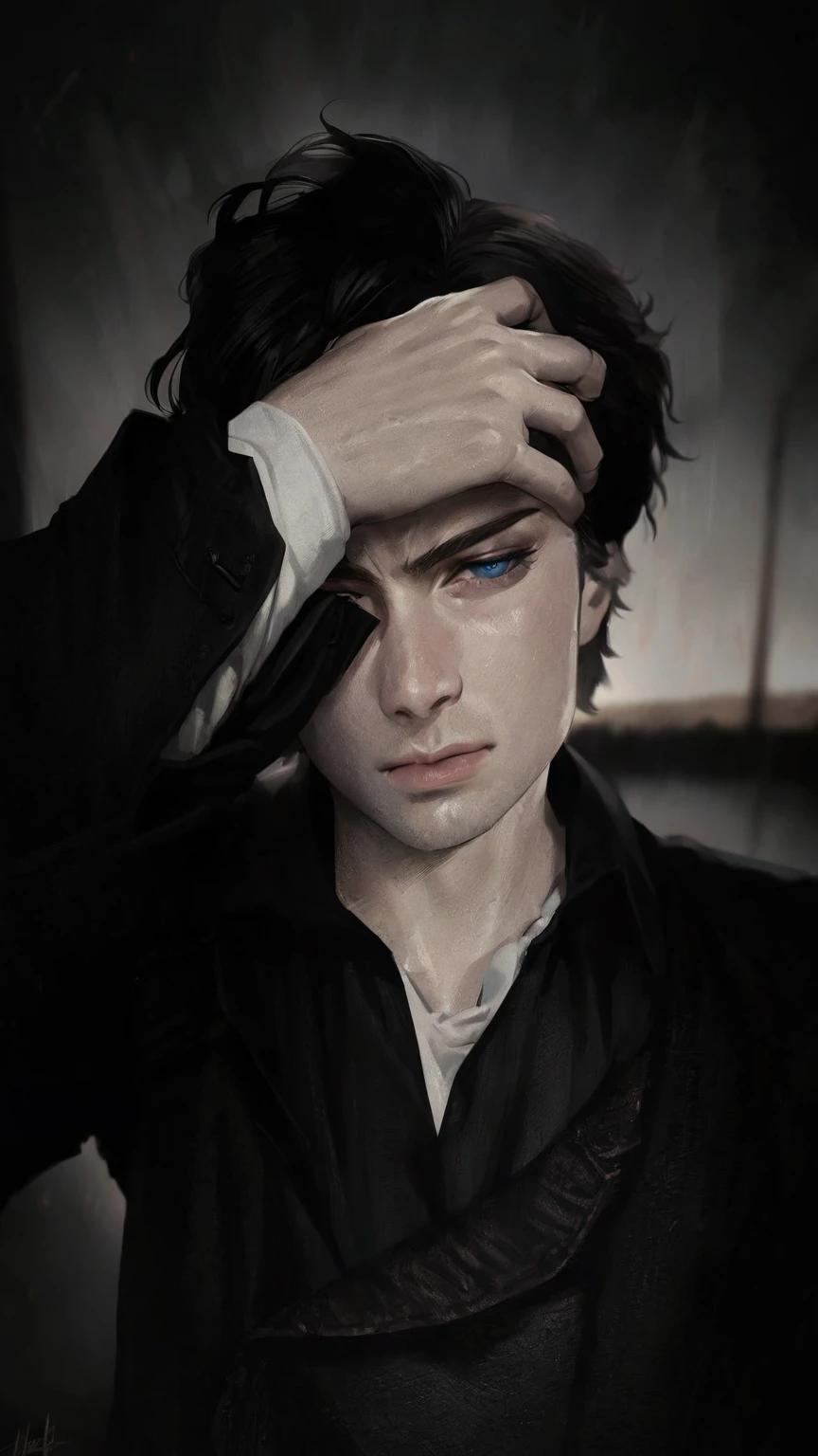 1boy anime, sad anime, blue eyes, white hair, handsome, cool, hd , realistic