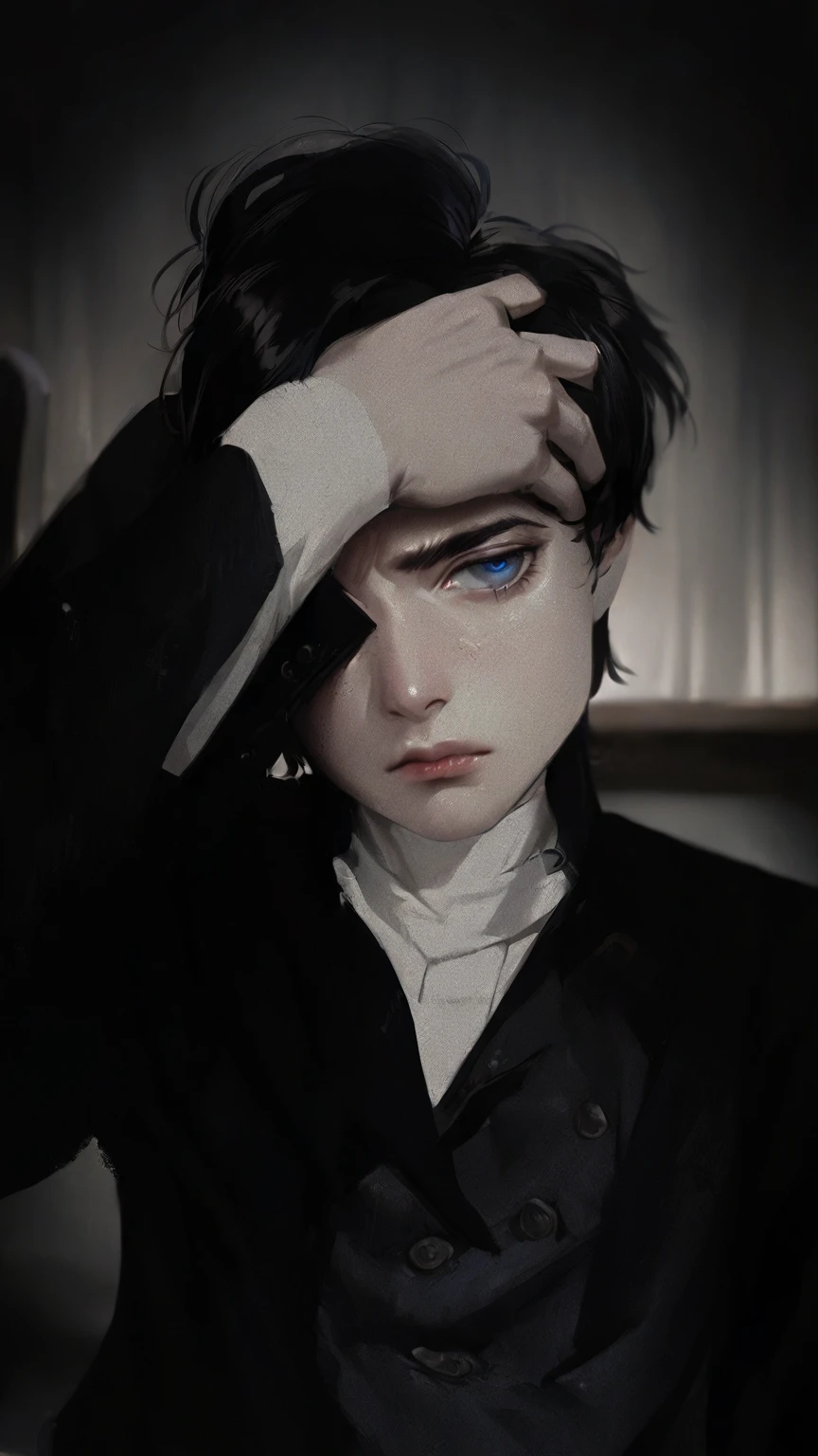 1boy anime, sad anime, blue eyes, white hair, handsome, cool, hd , realistic
